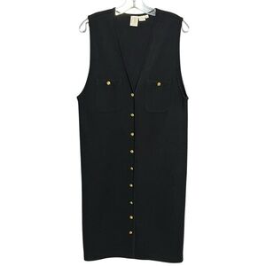 Clifford & Wills Vintage Wool Knit V-Neck Midi Dress Black Gold Buttons Small